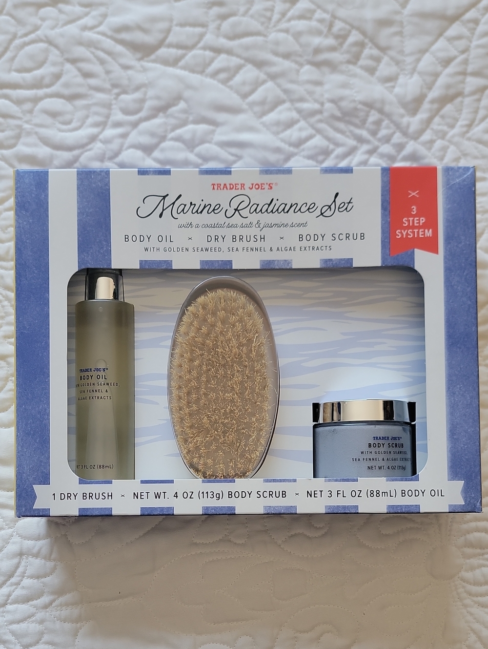 NWT Trader Joe's Marine Radiance 3-Step Body Care Set - Oil, Scrub & Brush
